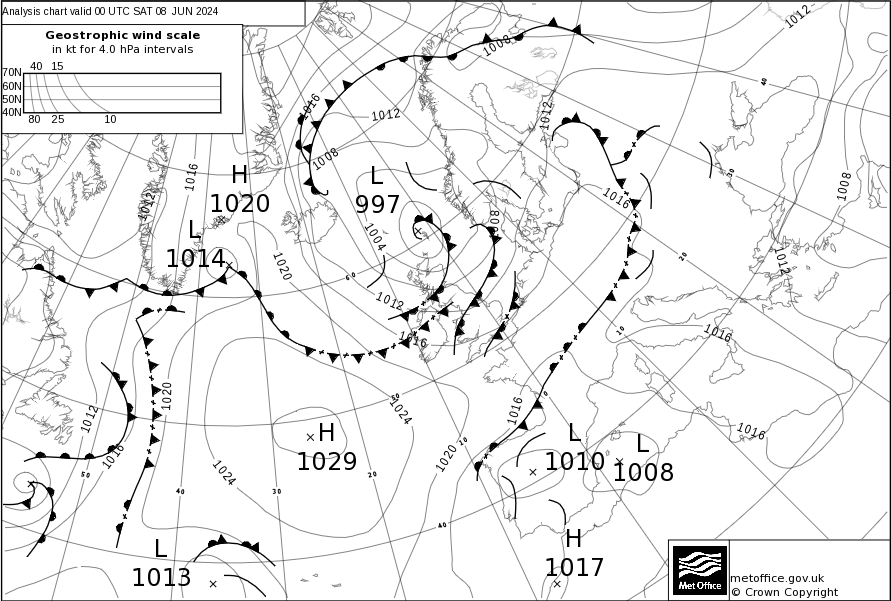 Analysis chart showing blocking high over Atlantic and northwesterly air flow from Arctic