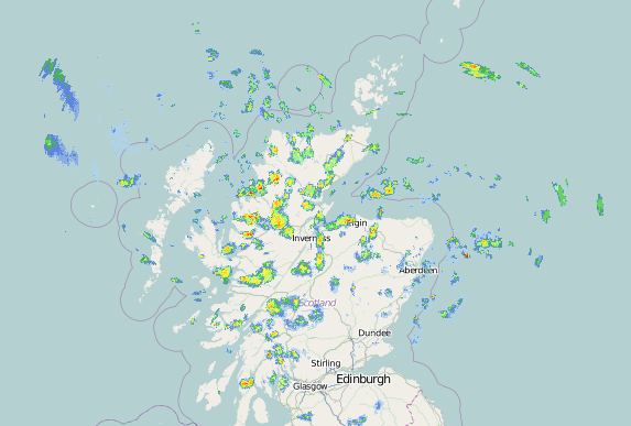 Rain radar showing showers over the Highlands on 7th June 2024